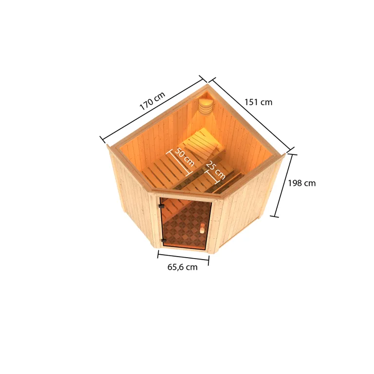 Woodfeeling Massivholz-Sauna Faurin Eckeinstieg 68 mm 2