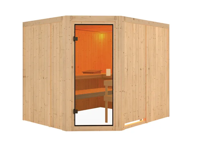 Woodfeeling Massivholz-Sauna Horna Eckeinstieg 68 mm 2