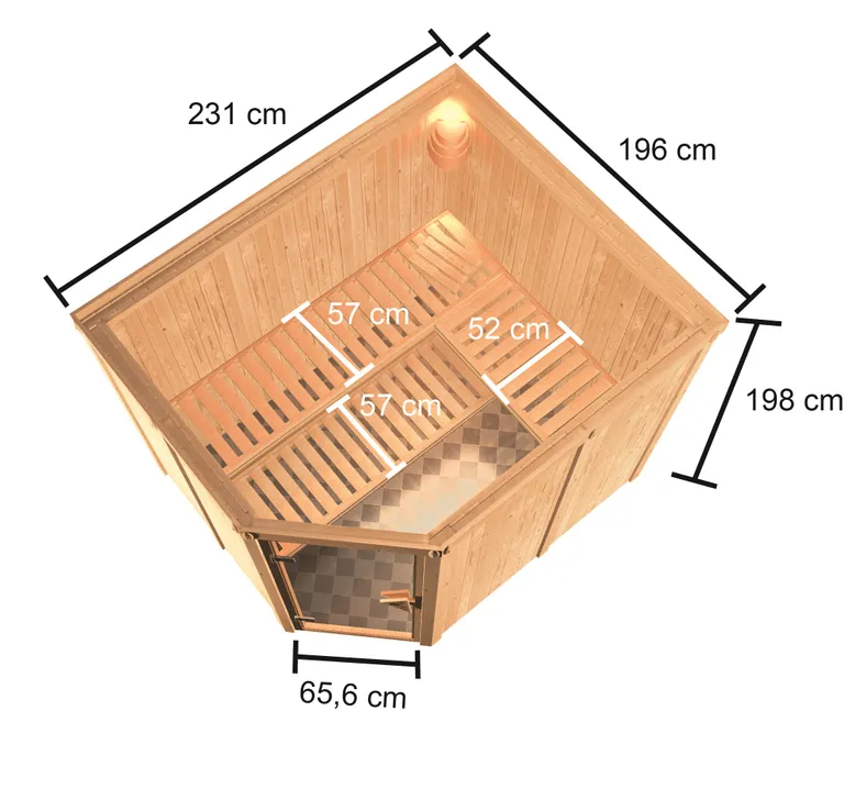 Woodfeeling Massivholz-Sauna Horna Eckeinstieg 68 mm 1