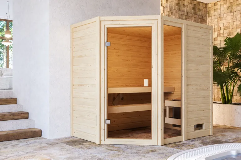 Woodfeeling Massivholz-Sauna Jada Eckeinstieg 38 mm 0