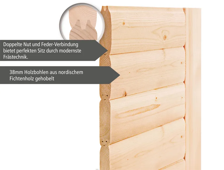 Woodfeeling Massivholz-Sauna Jada Eckeinstieg 38 mm 5