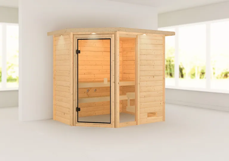 Woodfeeling Massivholz-Sauna Jada Eckeinstieg 38 mm 1