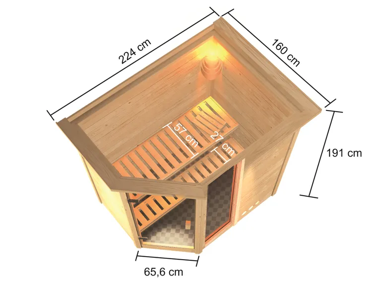 Woodfeeling Massivholz-Sauna Jada Eckeinstieg 38 mm 2