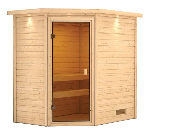 Woodfeeling Massivholz-Sauna Jella Eckeinstieg 38 mm 2