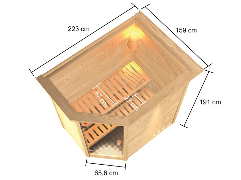 Woodfeeling Massivholz-Sauna Jella Eckeinstieg 38 mm 1