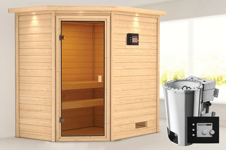 Woodfeeling Massivholz-Sauna Jella Eckeinstieg 38 mm 0