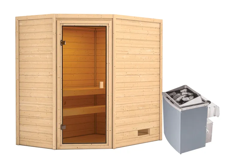 Woodfeeling Massivholz-Sauna Jella Eckeinstieg 38 mm 2