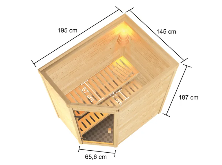 Woodfeeling Massivholz-Sauna Jella Eckeinstieg 38 mm 1