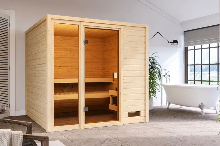 Woodfeeling Massivholz-Sauna Jutta Fronteinstieg 38 mm 0