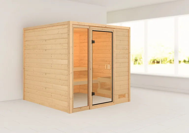 Woodfeeling Massivholz-Sauna Jutta Fronteinstieg 38 mm 1