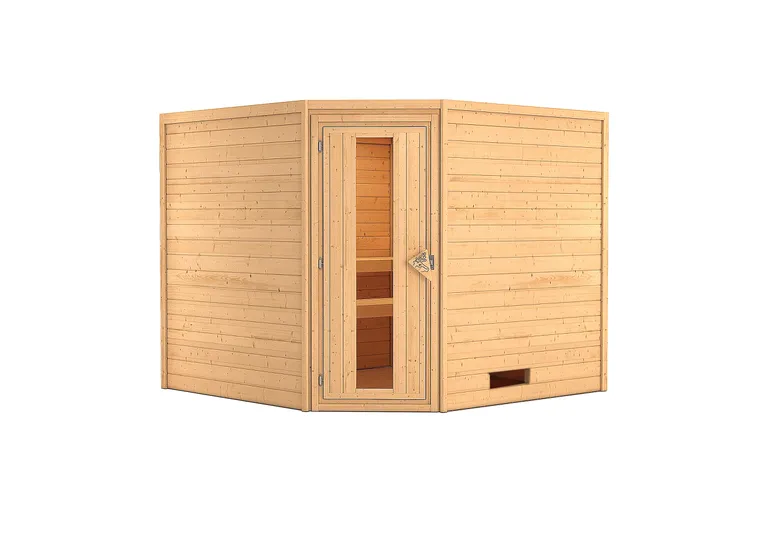 Woodfeeling Massivholz-Sauna Leona Eckeinstieg 38 mm 1