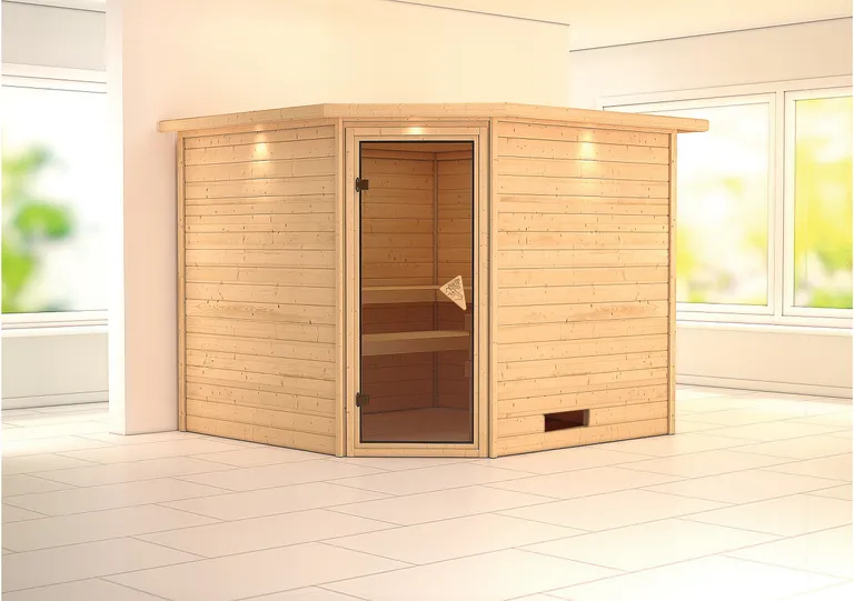 Woodfeeling Massivholz-Sauna Leona Eckeinstieg 38 mm 1