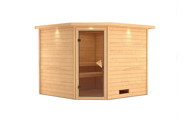 Woodfeeling Massivholz-Sauna Leona Eckeinstieg 38 mm 2