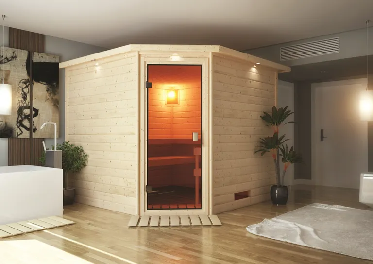 Woodfeeling Massivholz-Sauna Leona Eckeinstieg 38 mm 0