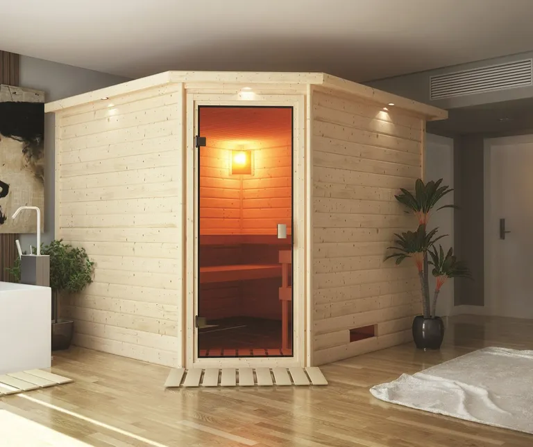 Woodfeeling Massivholz-Sauna Leona Eckeinstieg 38 mm 11
