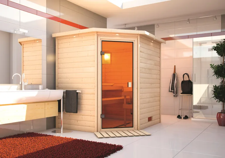 Woodfeeling Massivholz-Sauna Mia Eckeinstieg 38 mm 0