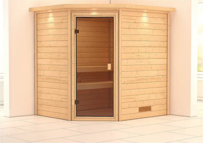 Woodfeeling Massivholz-Sauna Mia Eckeinstieg 38 mm 1