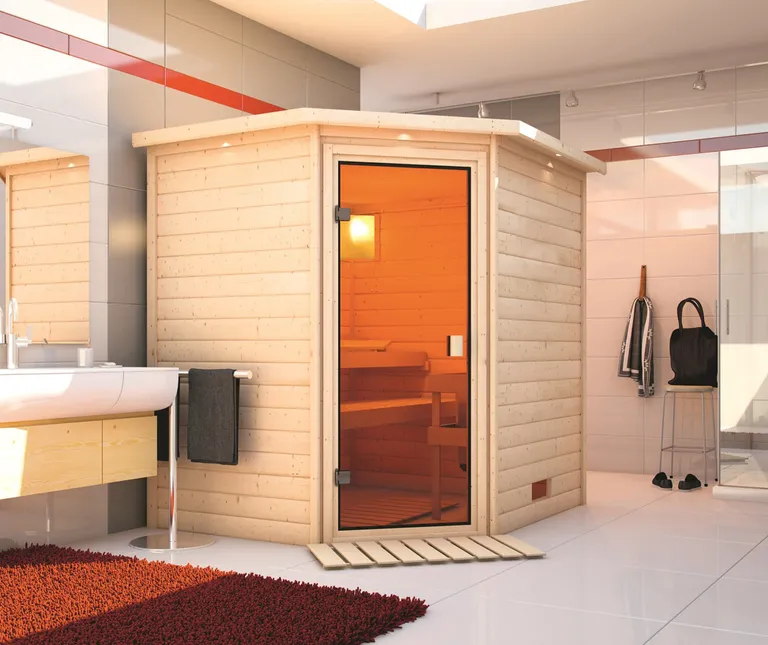 Woodfeeling Massivholz-Sauna Mia Eckeinstieg 38 mm 12