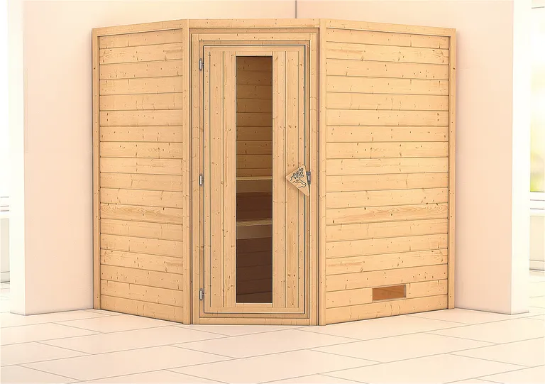 Woodfeeling Massivholz-Sauna Mia Eckeinstieg 38 mm 0