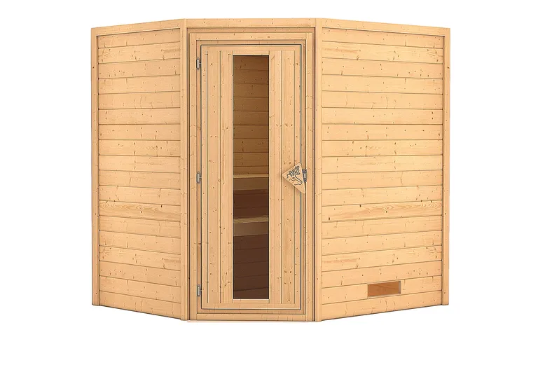 Woodfeeling Massivholz-Sauna Mia Eckeinstieg 38 mm 1