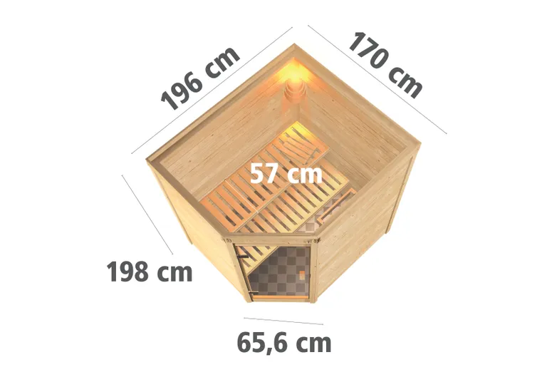 Woodfeeling Massivholz-Sauna Mia Eckeinstieg 38 mm 2