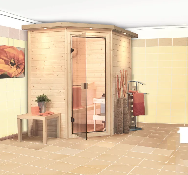Woodfeeling Massivholz-Sauna Svea Eckeinstieg 38 mm 0