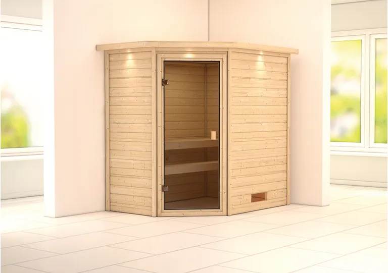 Woodfeeling Massivholz-Sauna Svea Eckeinstieg 38 mm 1