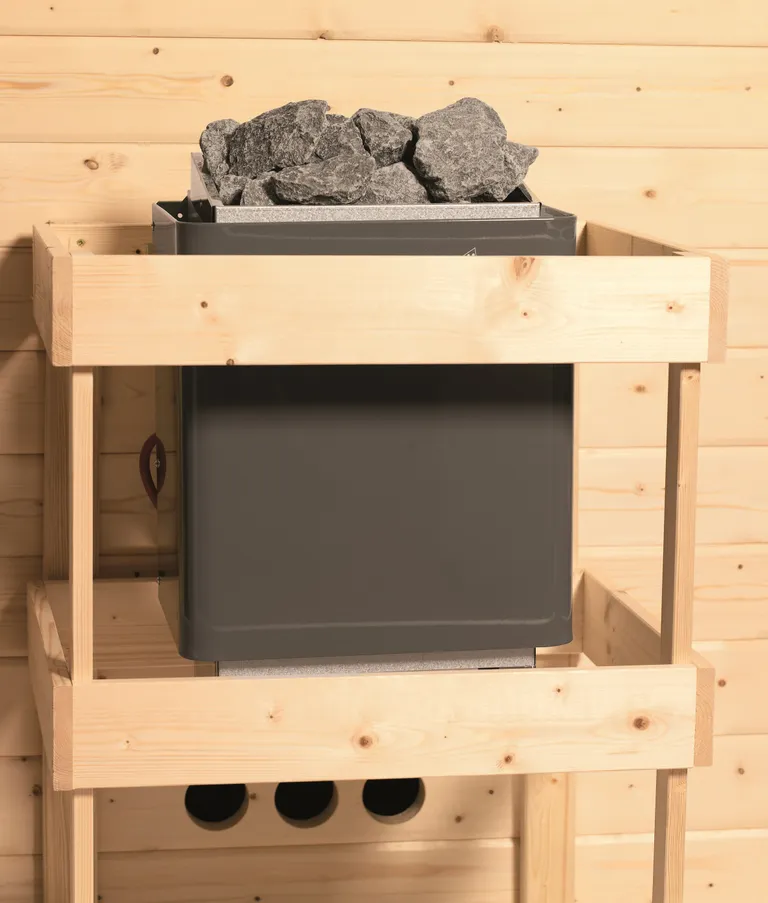 Woodfeeling Massivholz-Sauna Svea Eckeinstieg 38 mm 7