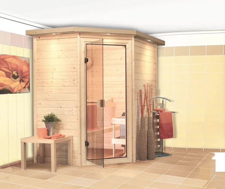 Woodfeeling Massivholz-Sauna Svea Eckeinstieg 38 mm 11