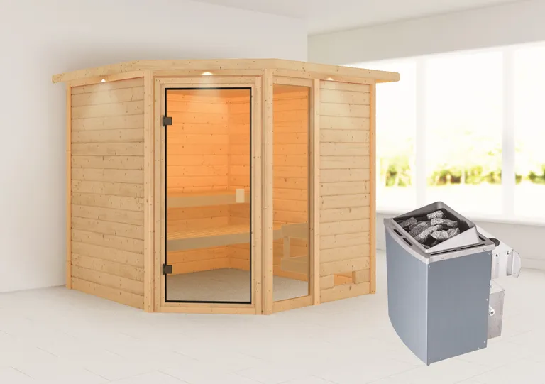 Woodfeeling Massivholz-Sauna Tabea Eckeinstieg 38 mm 1