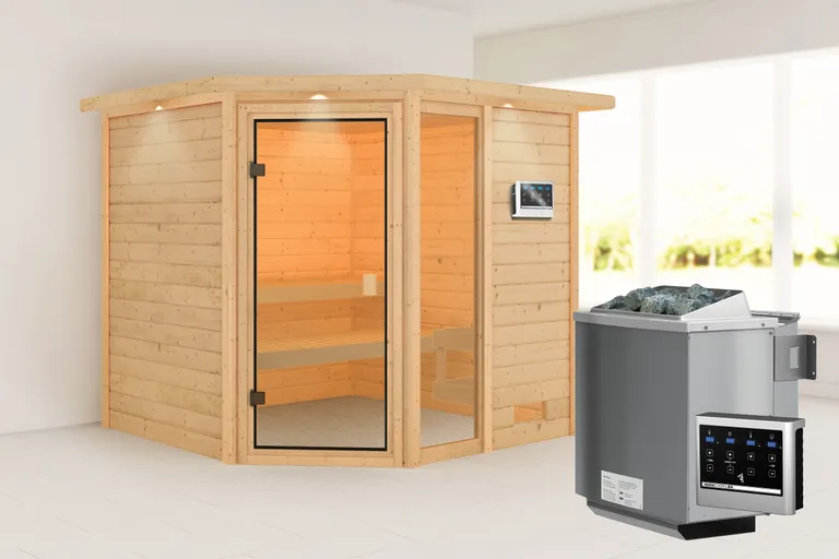 Woodfeeling Massivholz-Sauna Tabea Eckeinstieg 38 mm 0