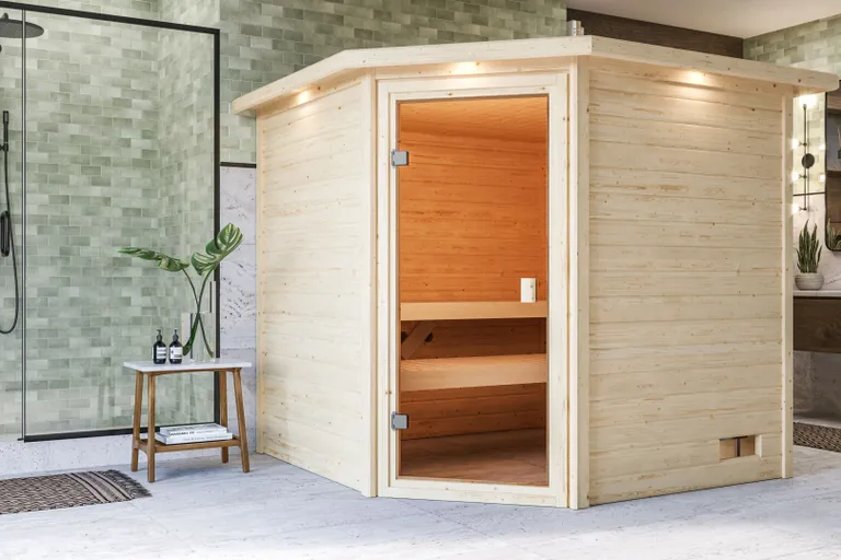 Woodfeeling Massivholz-Sauna Tilda Eckeinstieg 38 mm 0