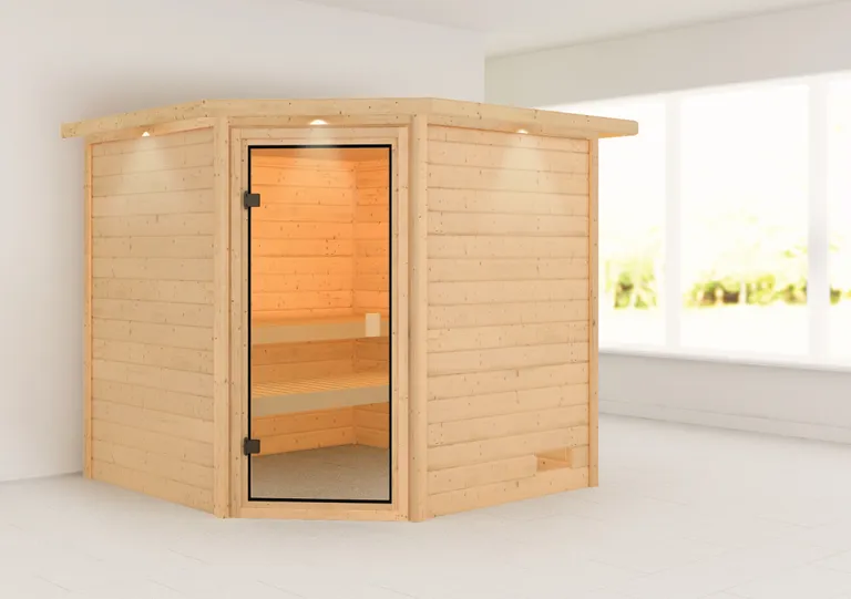 Woodfeeling Massivholz-Sauna Tilda Eckeinstieg 38 mm 1