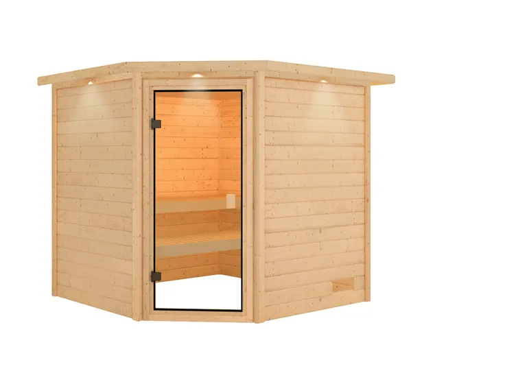 Woodfeeling Massivholz-Sauna Tilda Eckeinstieg 38 mm 3