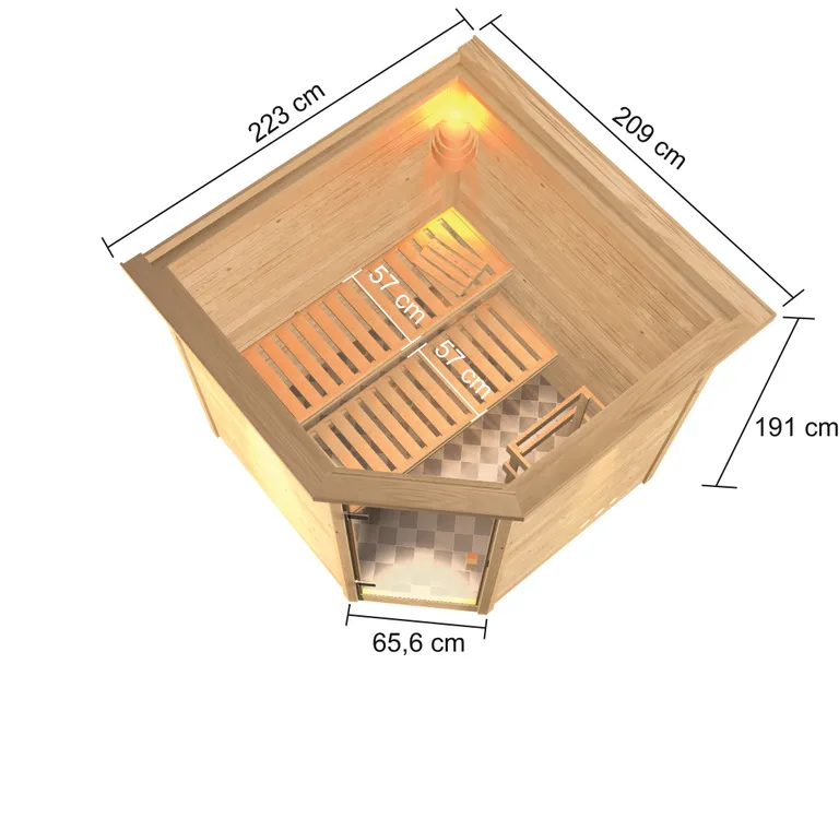 Woodfeeling Massivholz-Sauna Tilda Eckeinstieg 38 mm 2
