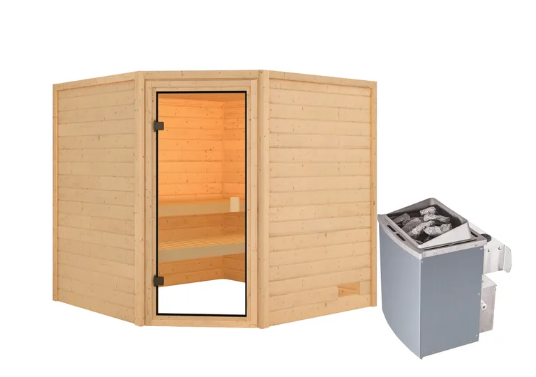 Woodfeeling Massivholz-Sauna Tilda Eckeinstieg 38 mm 2