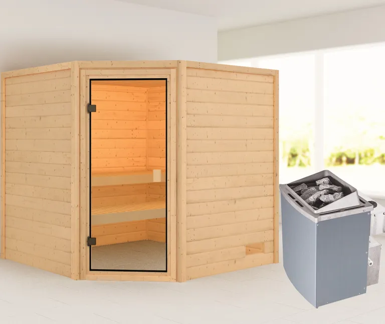 Woodfeeling Massivholz-Sauna Tilda Eckeinstieg 38 mm 0