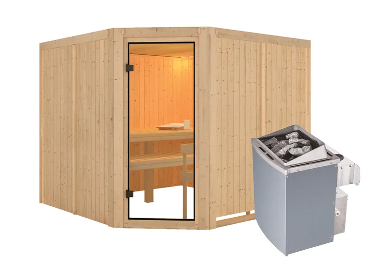 Woodfeeling Massivholz-Sauna Ystad Eckeinstieg 68 mm 2