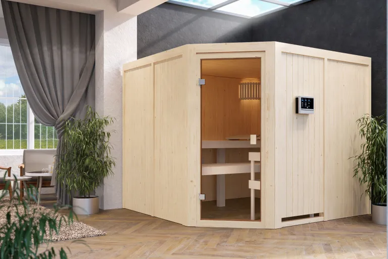 Woodfeeling Massivholz-Sauna Ystad Eckeinstieg 68 mm 0