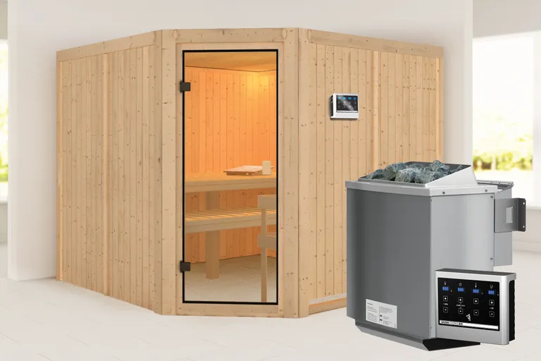 Woodfeeling Massivholz-Sauna Ystad Eckeinstieg 68 mm 0